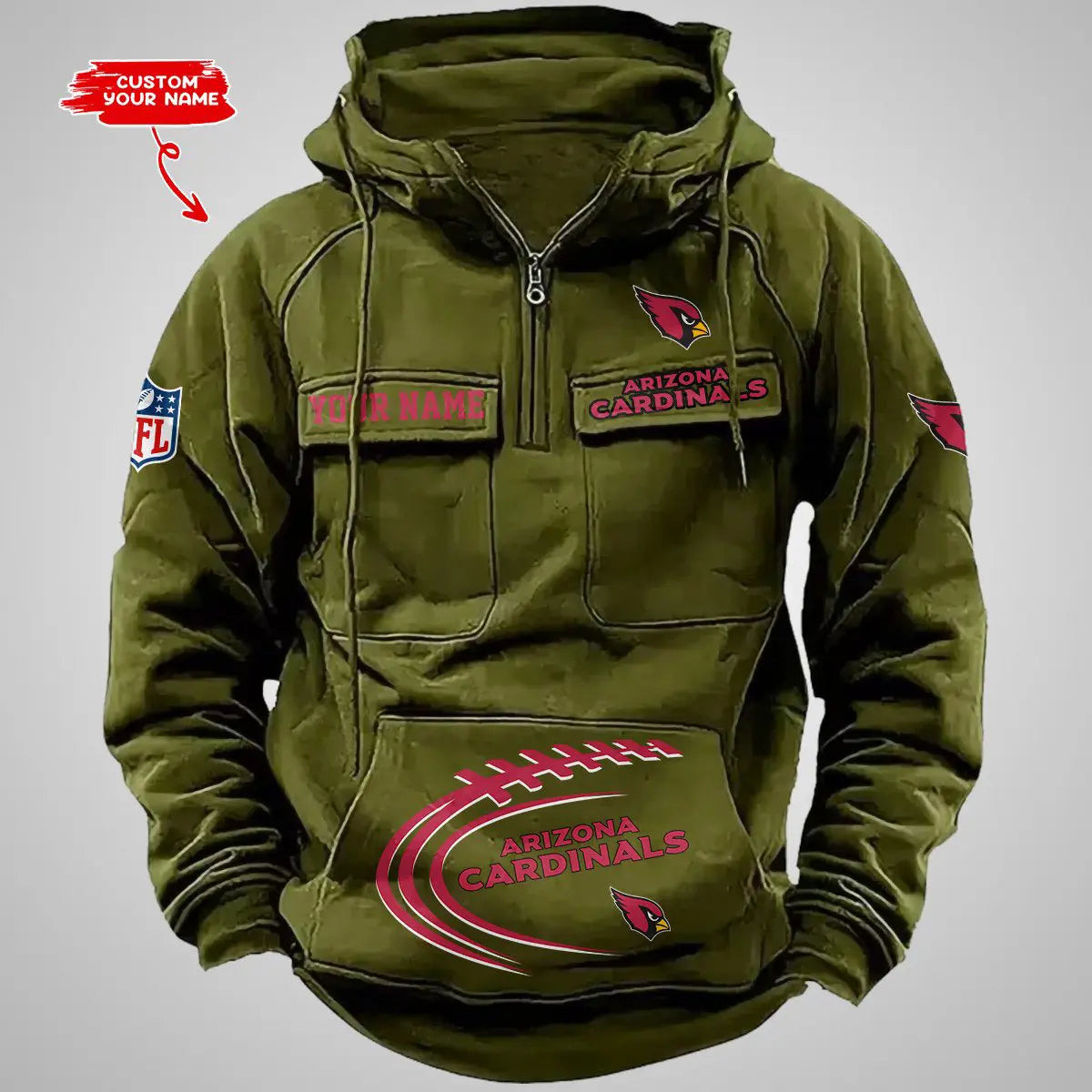 Arizona Cardinals New Personalized Multi-Pockets Zip Hoodie AZBTMZHD000075