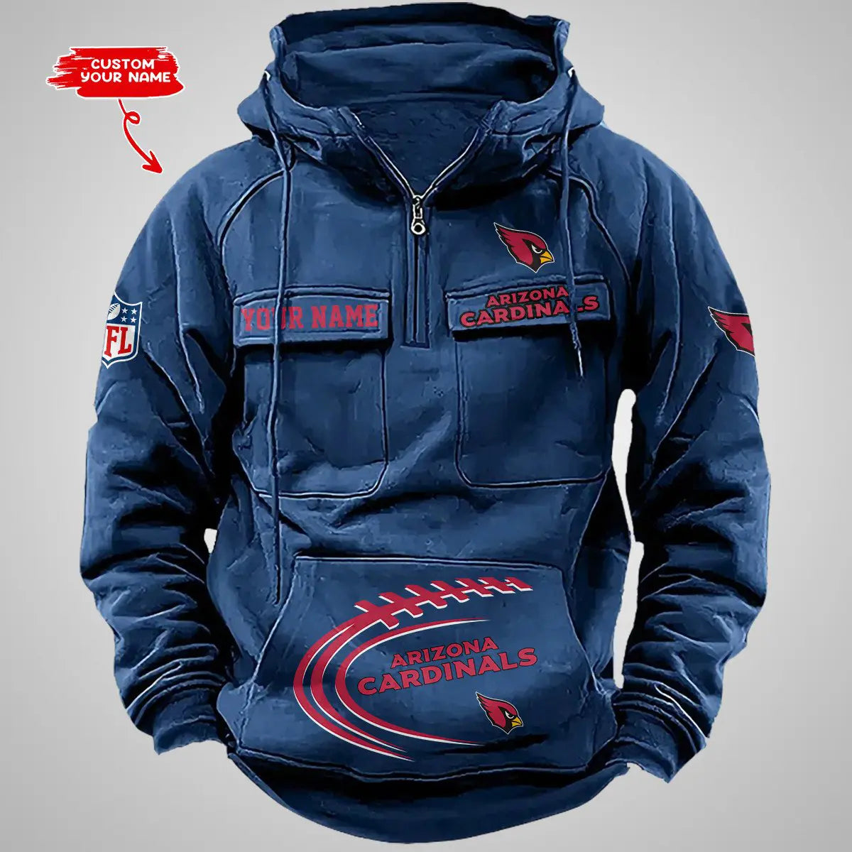 Arizona Cardinals New Personalized Multi-Pockets Zip Hoodie AZBTMZHD000075