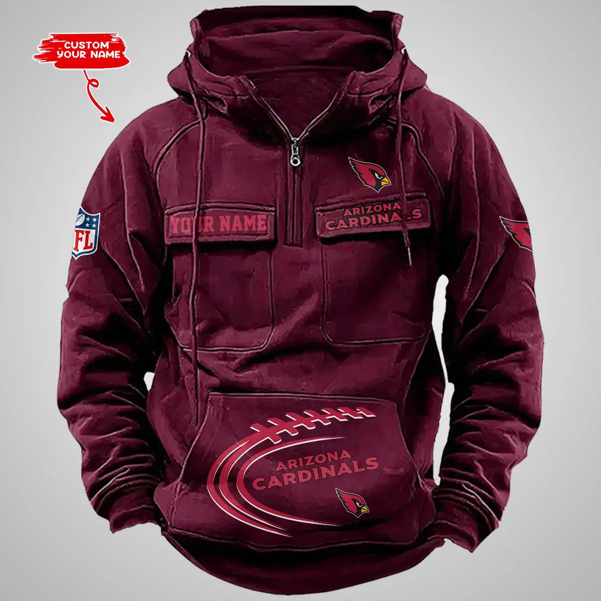 Arizona Cardinals New Personalized Multi-Pockets Zip Hoodie AZBTMZHD000075