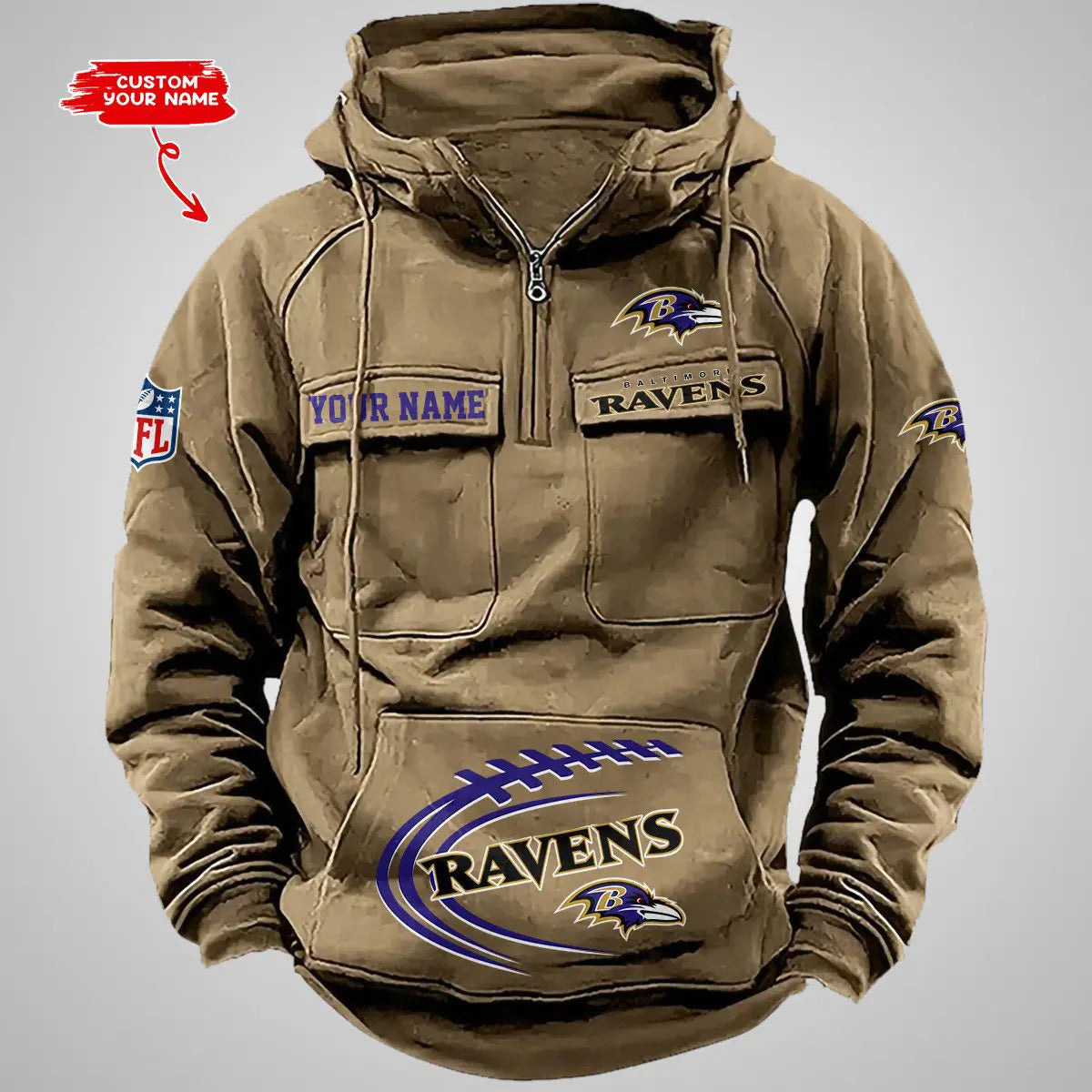 Baltimore Ravens New Personalized Multi-Pockets Zip Hoodie AZBTMZHD000078
