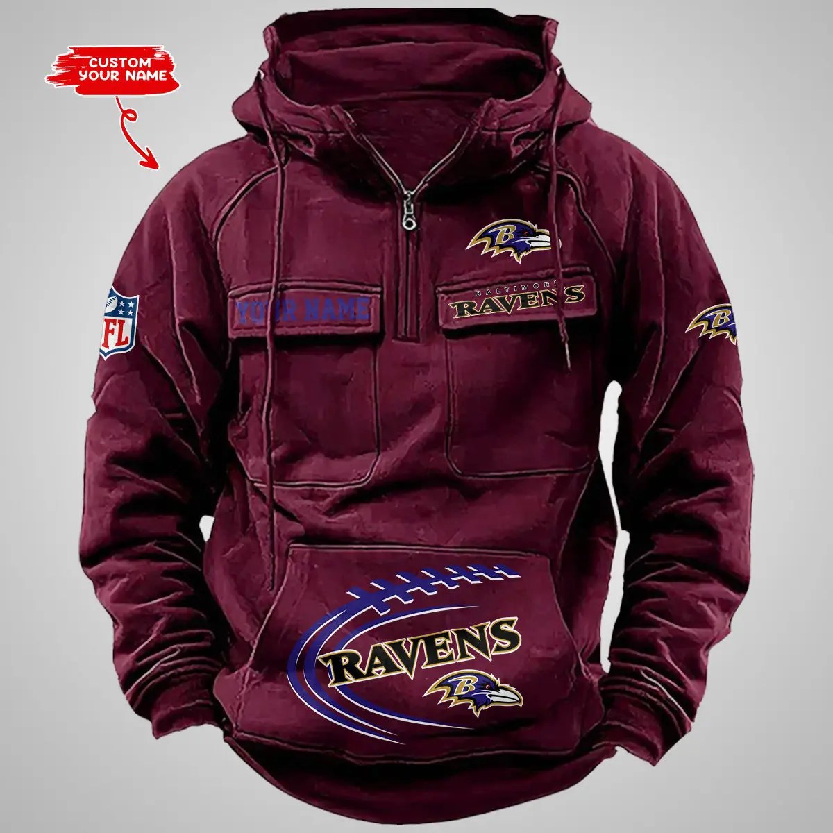 Baltimore Ravens New Personalized Multi-Pockets Zip Hoodie AZBTMZHD000078