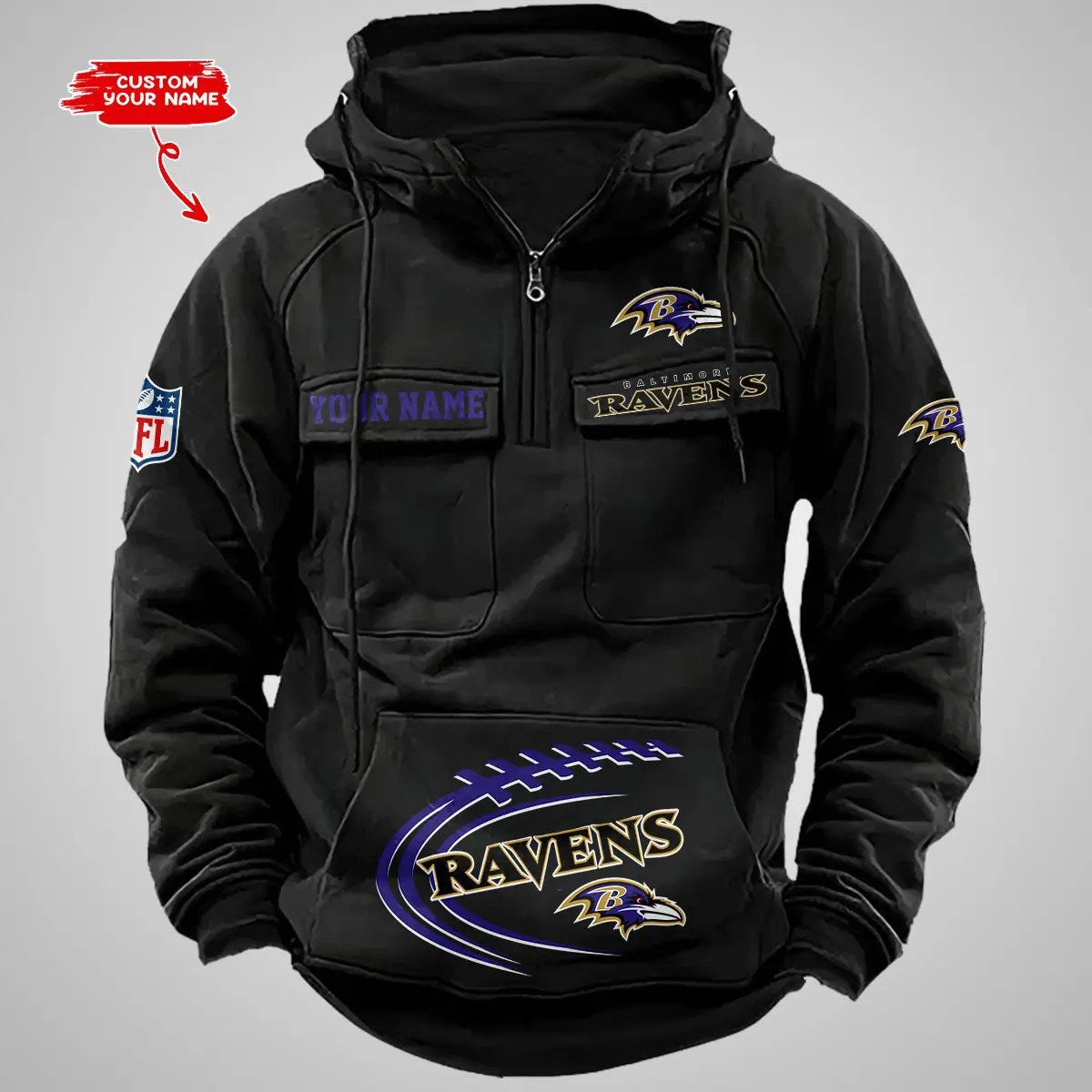 Baltimore Ravens New Personalized Multi-Pockets Zip Hoodie AZBTMZHD000078