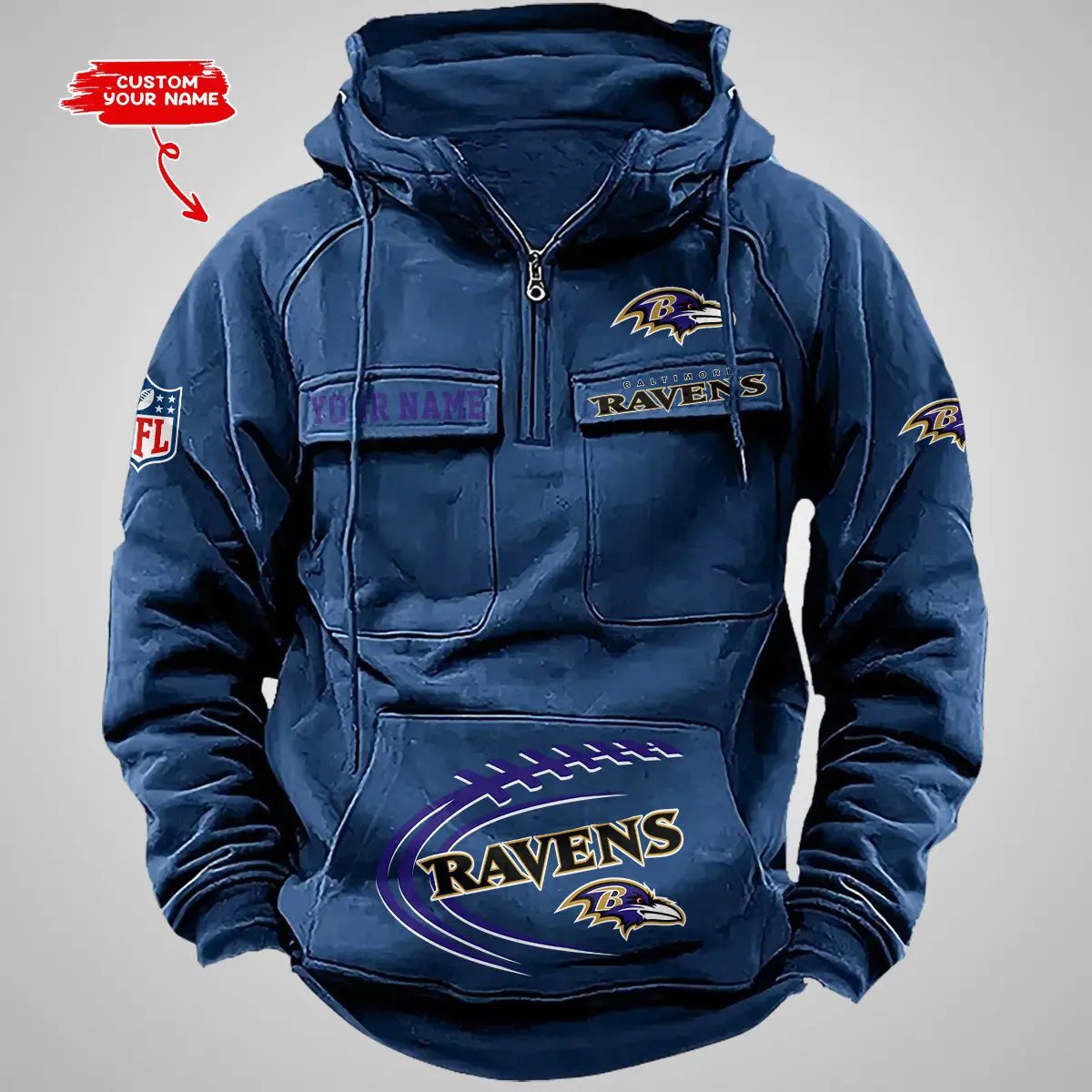Baltimore Ravens New Personalized Multi-Pockets Zip Hoodie AZBTMZHD000078