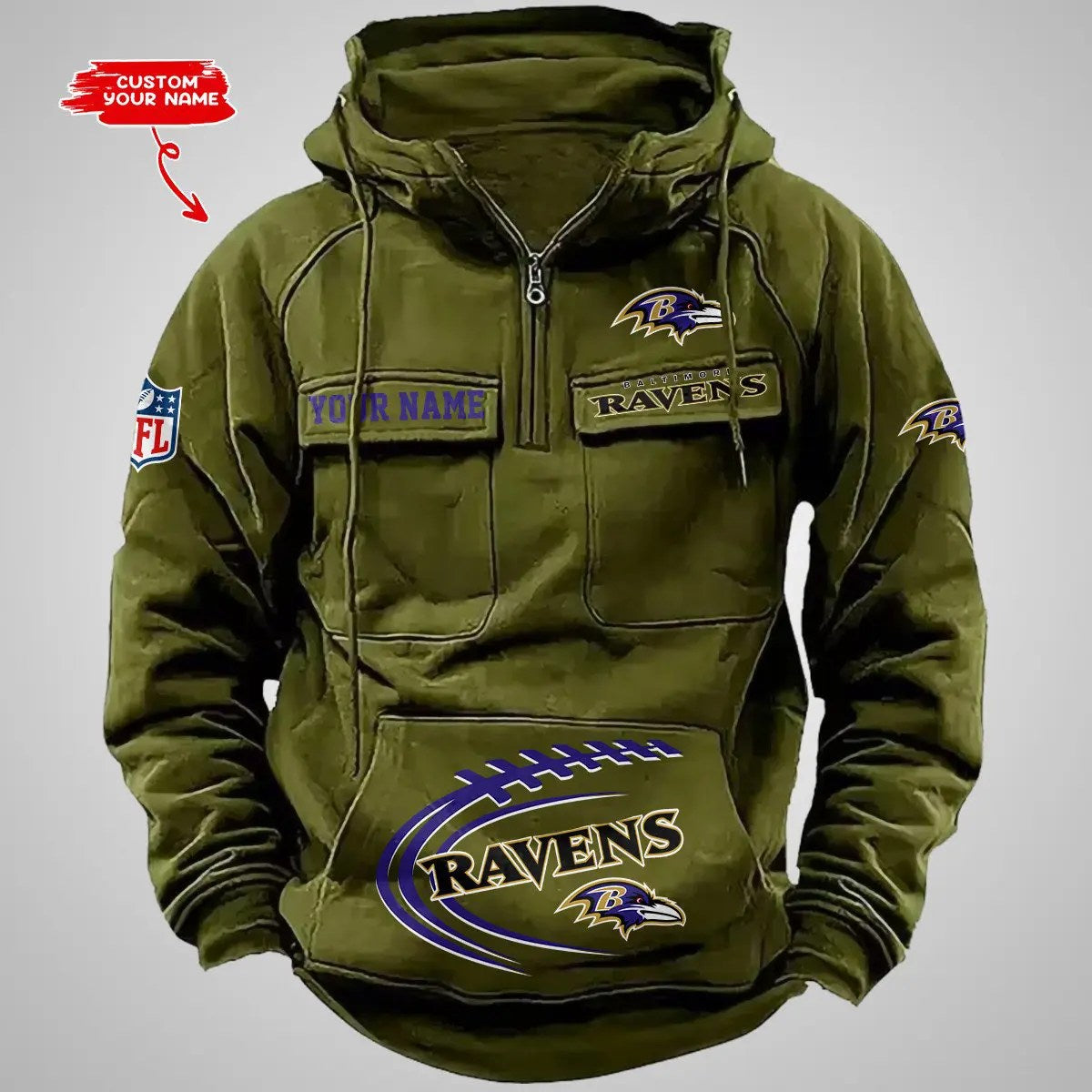 Baltimore Ravens New Personalized Multi-Pockets Zip Hoodie AZBTMZHD000078