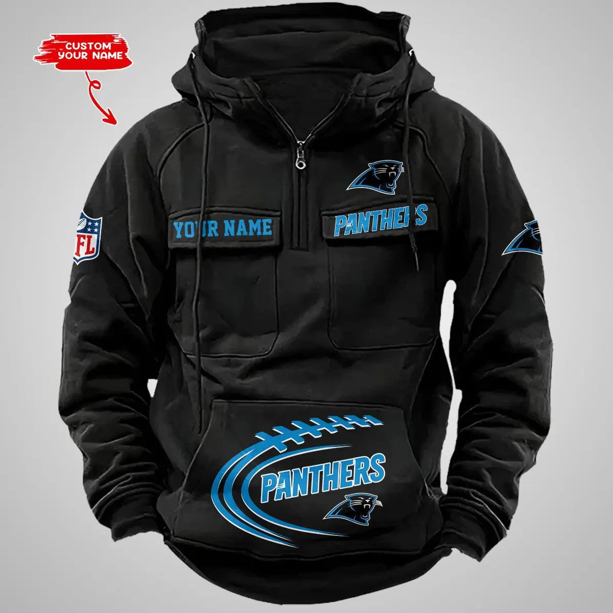 Carolina Panthers New Personalized Multi-Pockets Zip Hoodie AZBTMZHD000080
