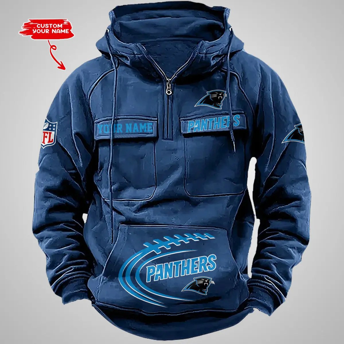 Carolina Panthers New Personalized Multi-Pockets Zip Hoodie AZBTMZHD000080