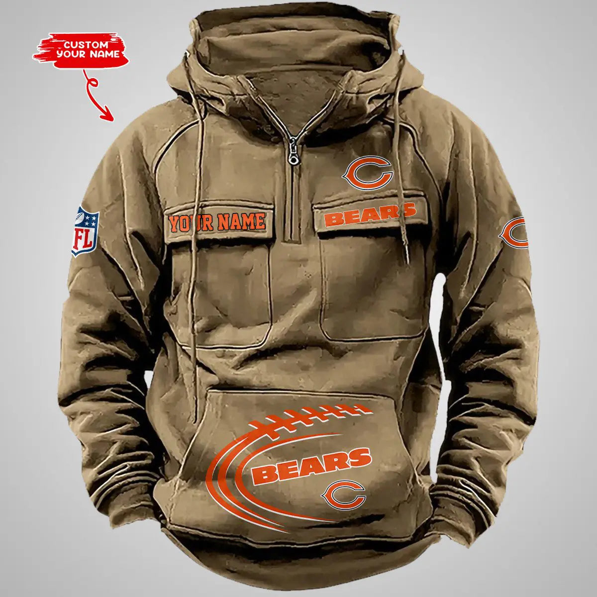 Chicago Bears New Personalized Multi-Pockets Zip Hoodie AZBTMZHD000079