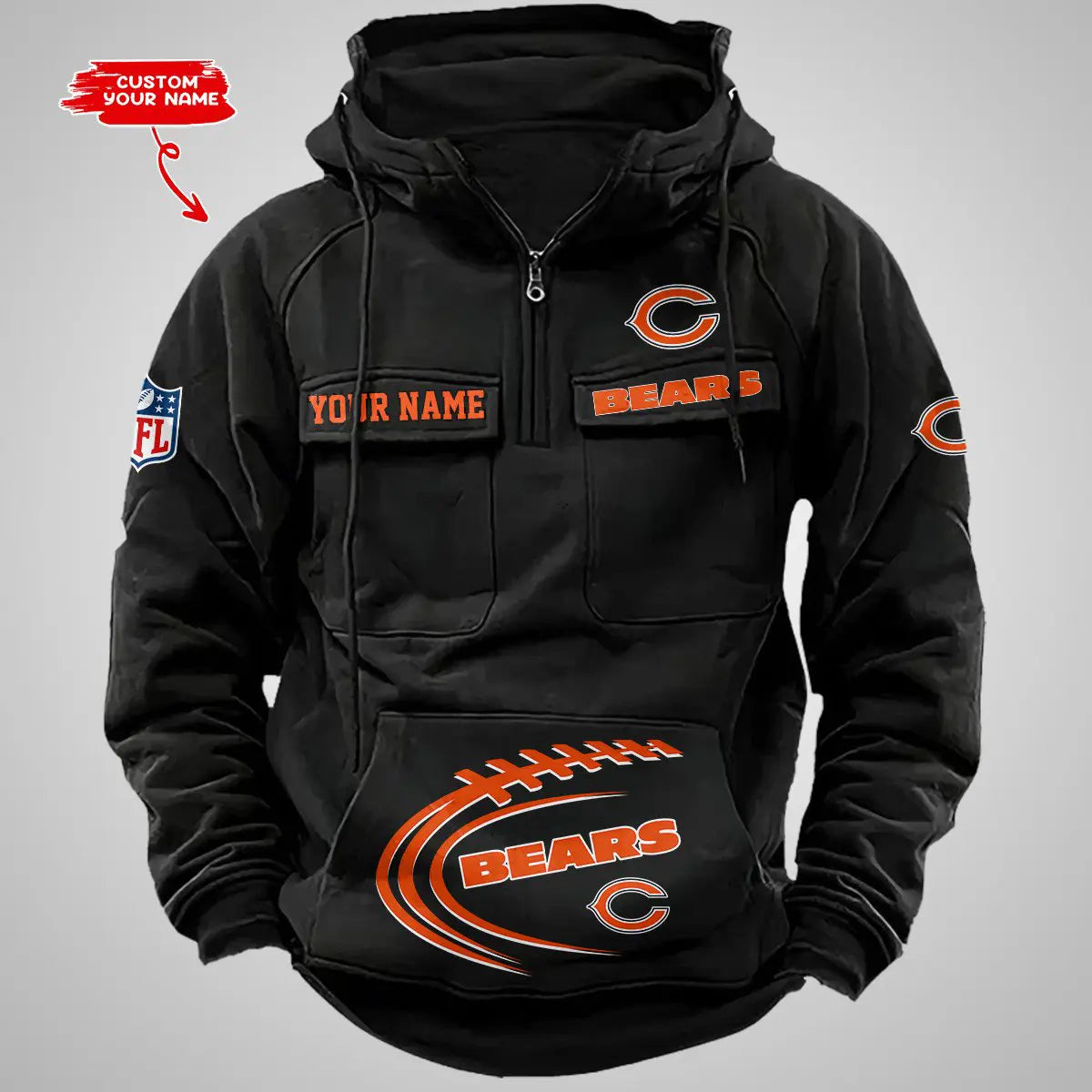Chicago Bears New Personalized Multi-Pockets Zip Hoodie AZBTMZHD000079