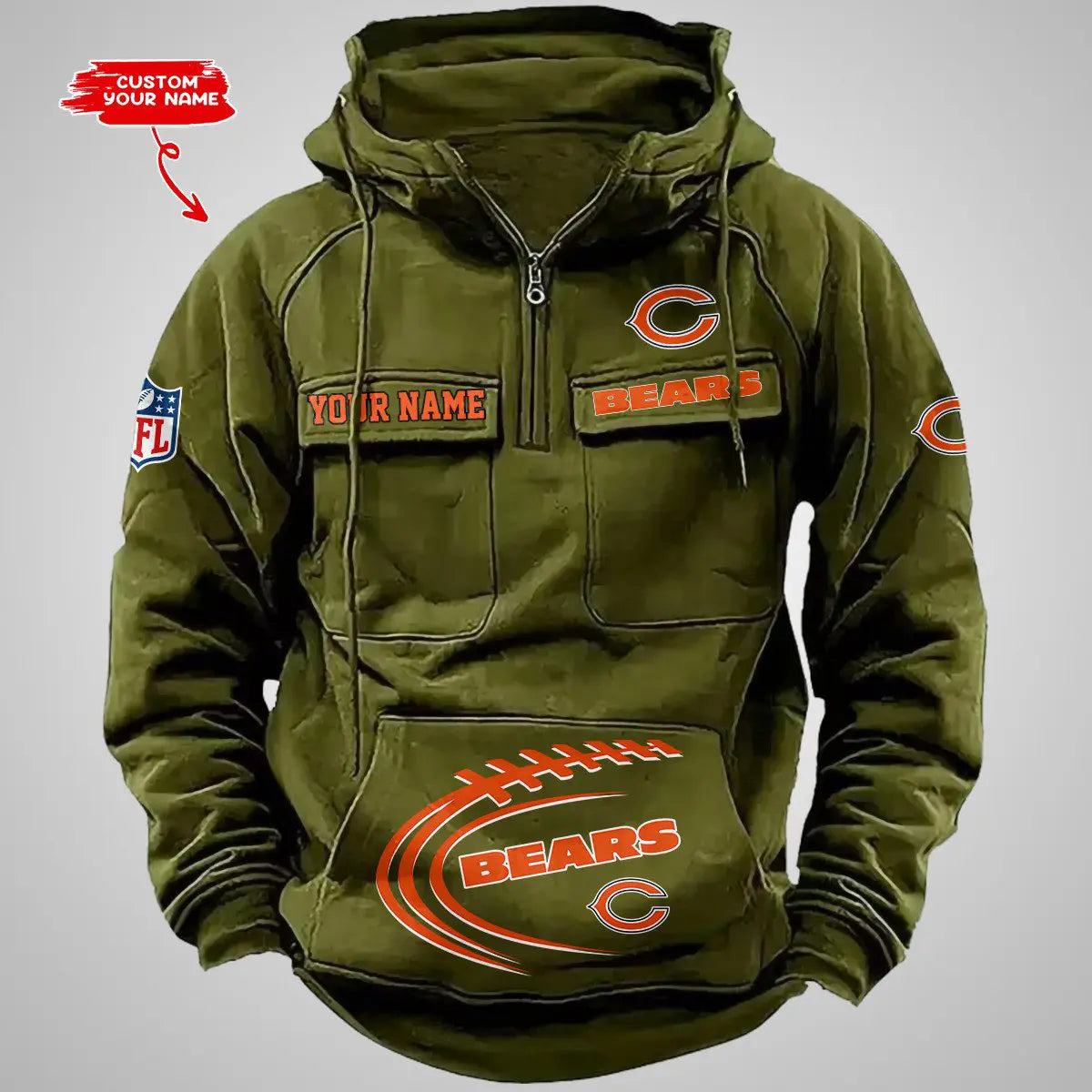Chicago Bears New Personalized Multi-Pockets Zip Hoodie AZBTMZHD000079