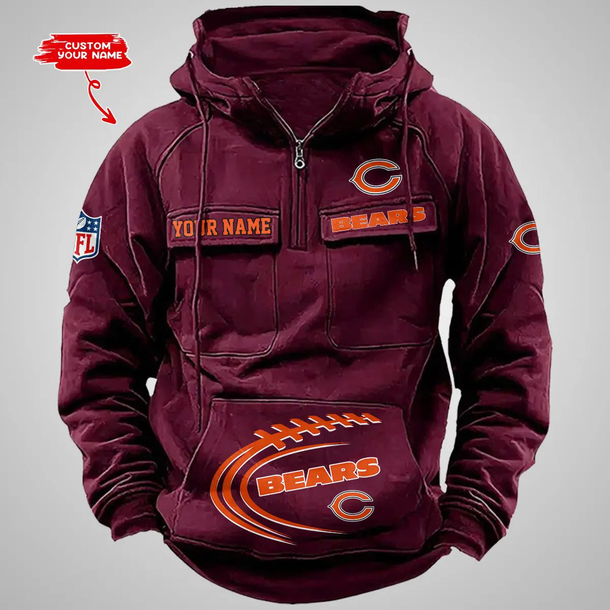Chicago Bears New Personalized Multi-Pockets Zip Hoodie AZBTMZHD000079