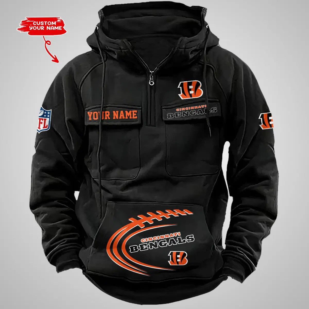 Cincinnati Bengals New Personalized Multi-Pockets Zip Hoodie AZBTMZHD000081