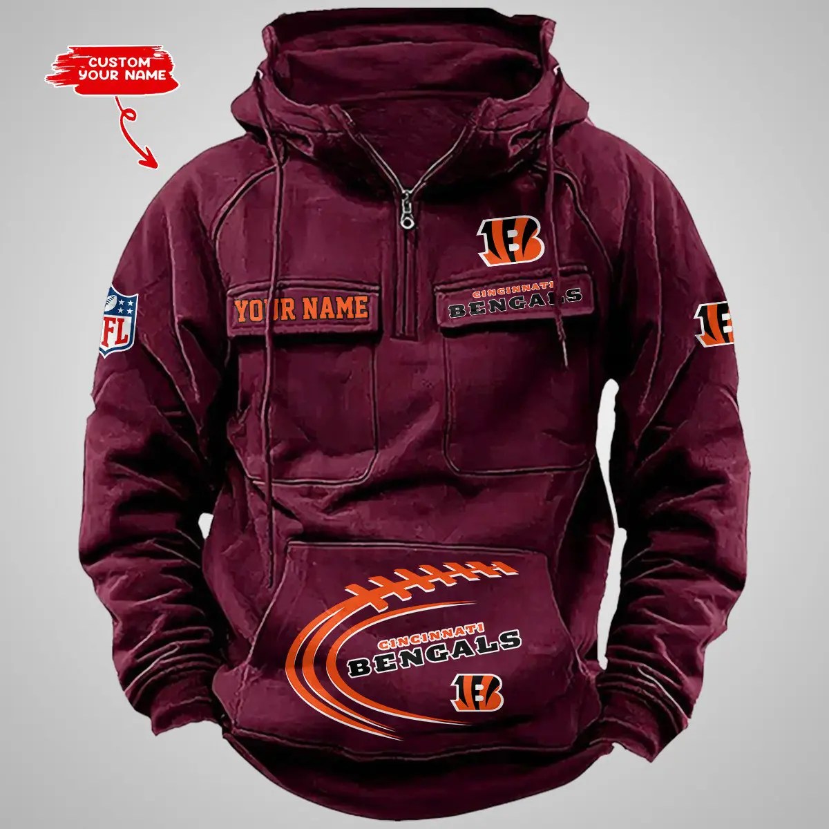 Cincinnati Bengals New Personalized Multi-Pockets Zip Hoodie AZBTMZHD000081