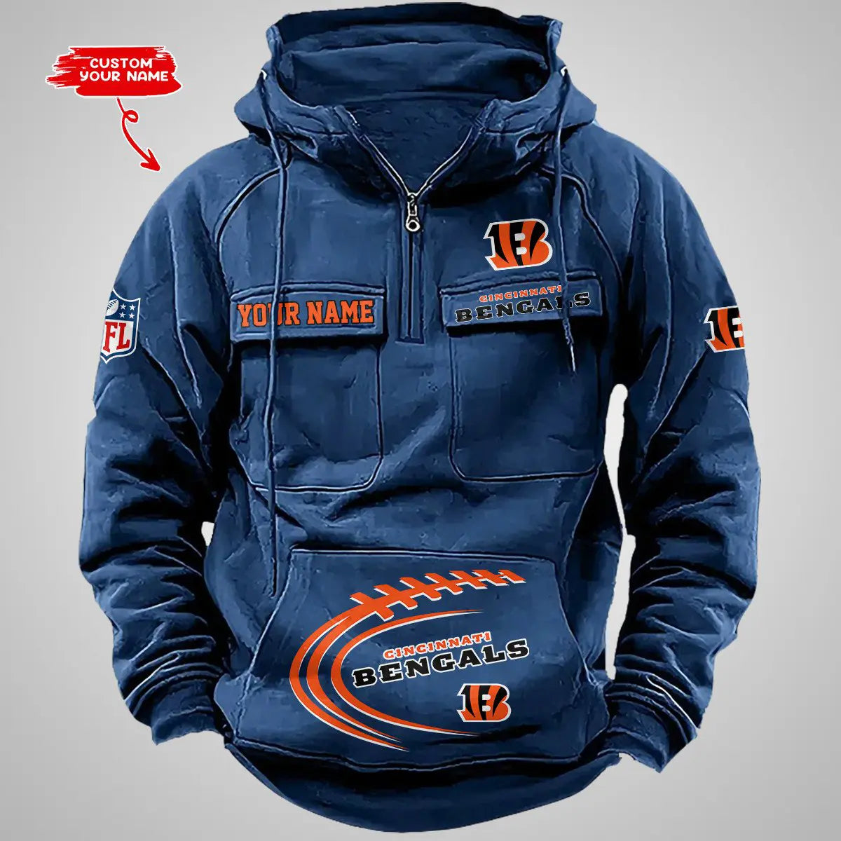 Cincinnati Bengals New Personalized Multi-Pockets Zip Hoodie AZBTMZHD000081