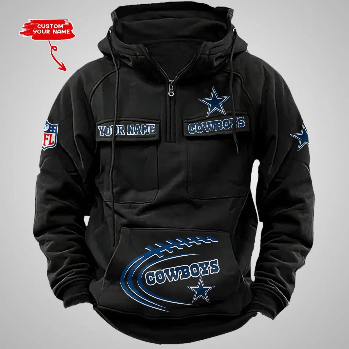 Dallas Cowboys New Personalized Multi-Pockets Zip Hoodie AZBTMZHD000082