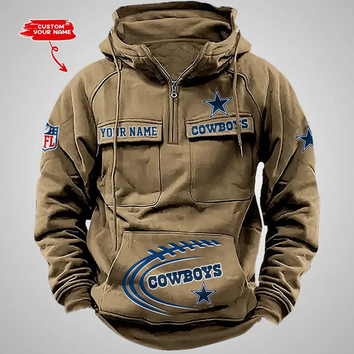 Dallas Cowboys New Personalized Multi-Pockets Zip Hoodie AZBTMZHD000082