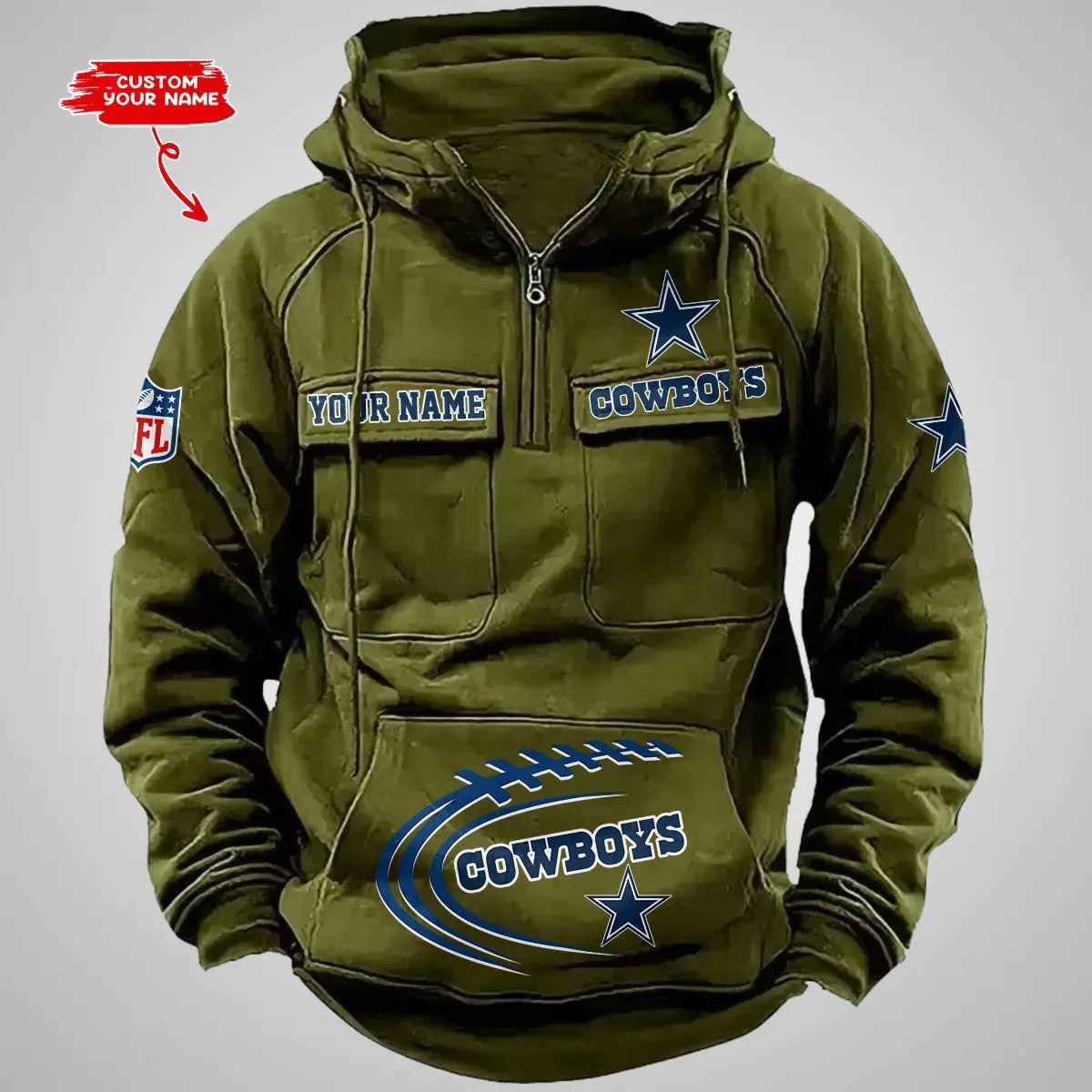 Dallas Cowboys New Personalized Multi-Pockets Zip Hoodie AZBTMZHD000082