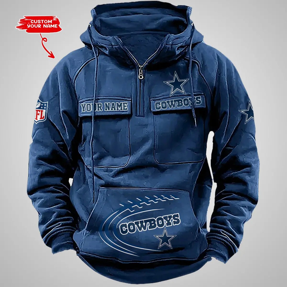 Dallas Cowboys New Personalized Multi-Pockets Zip Hoodie AZBTMZHD000082