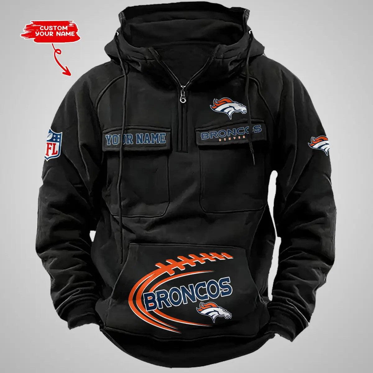 Denver Broncos New Personalized Multi-Pockets Zip Hoodie AZBTMZHD000083