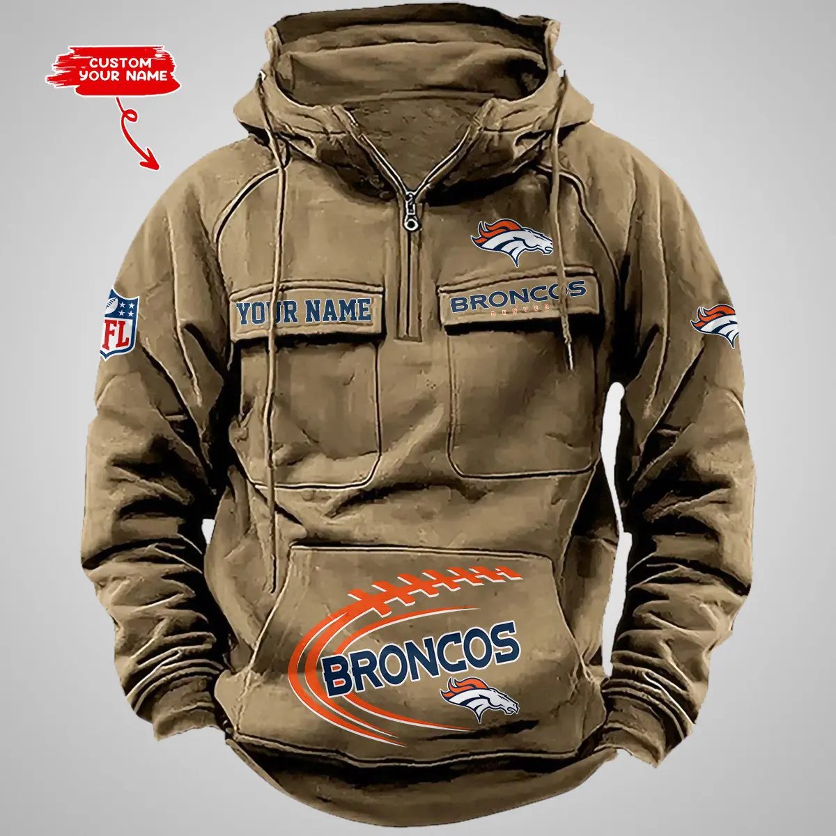 Denver Broncos New Personalized Multi-Pockets Zip Hoodie AZBTMZHD000083