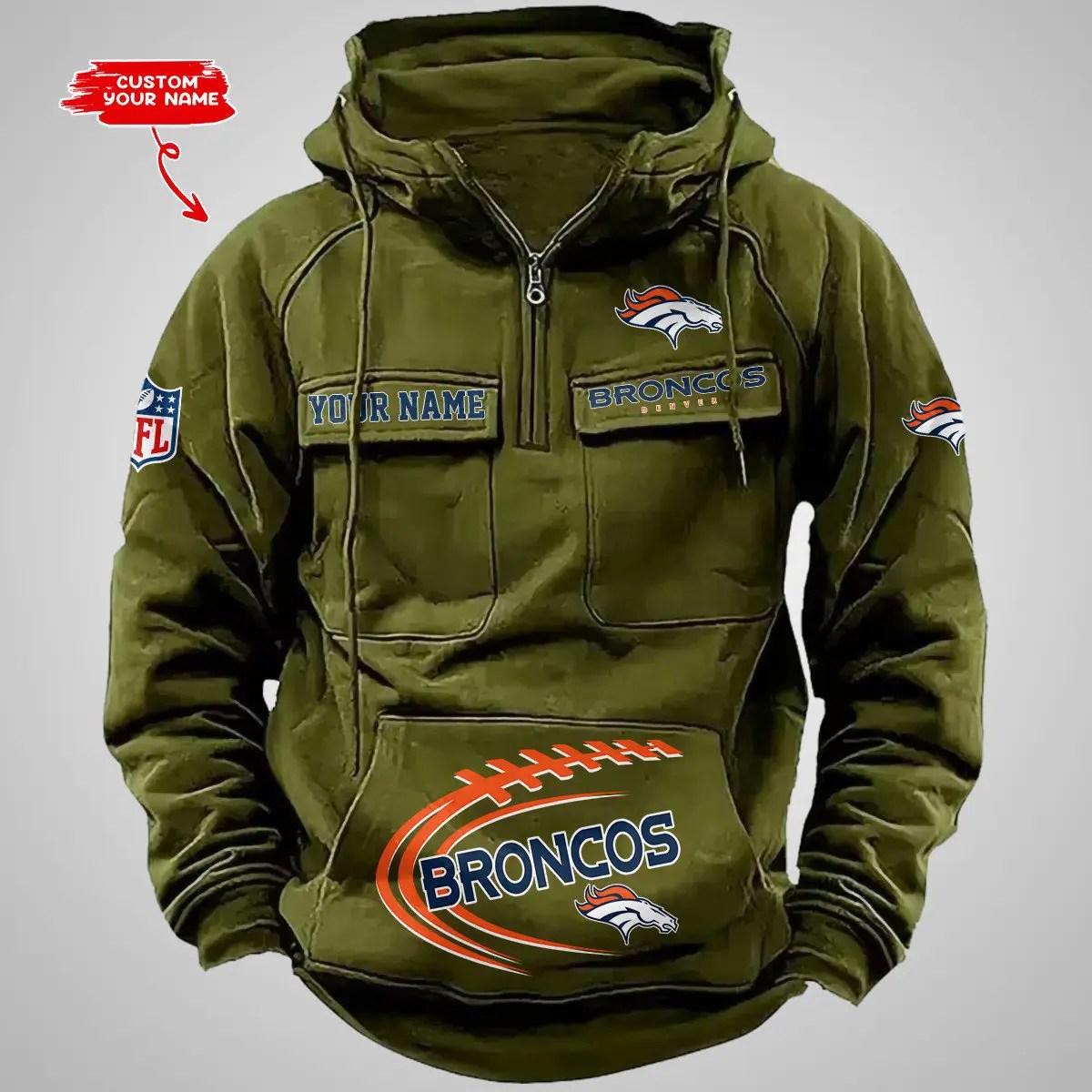 Denver Broncos New Personalized Multi-Pockets Zip Hoodie AZBTMZHD000083
