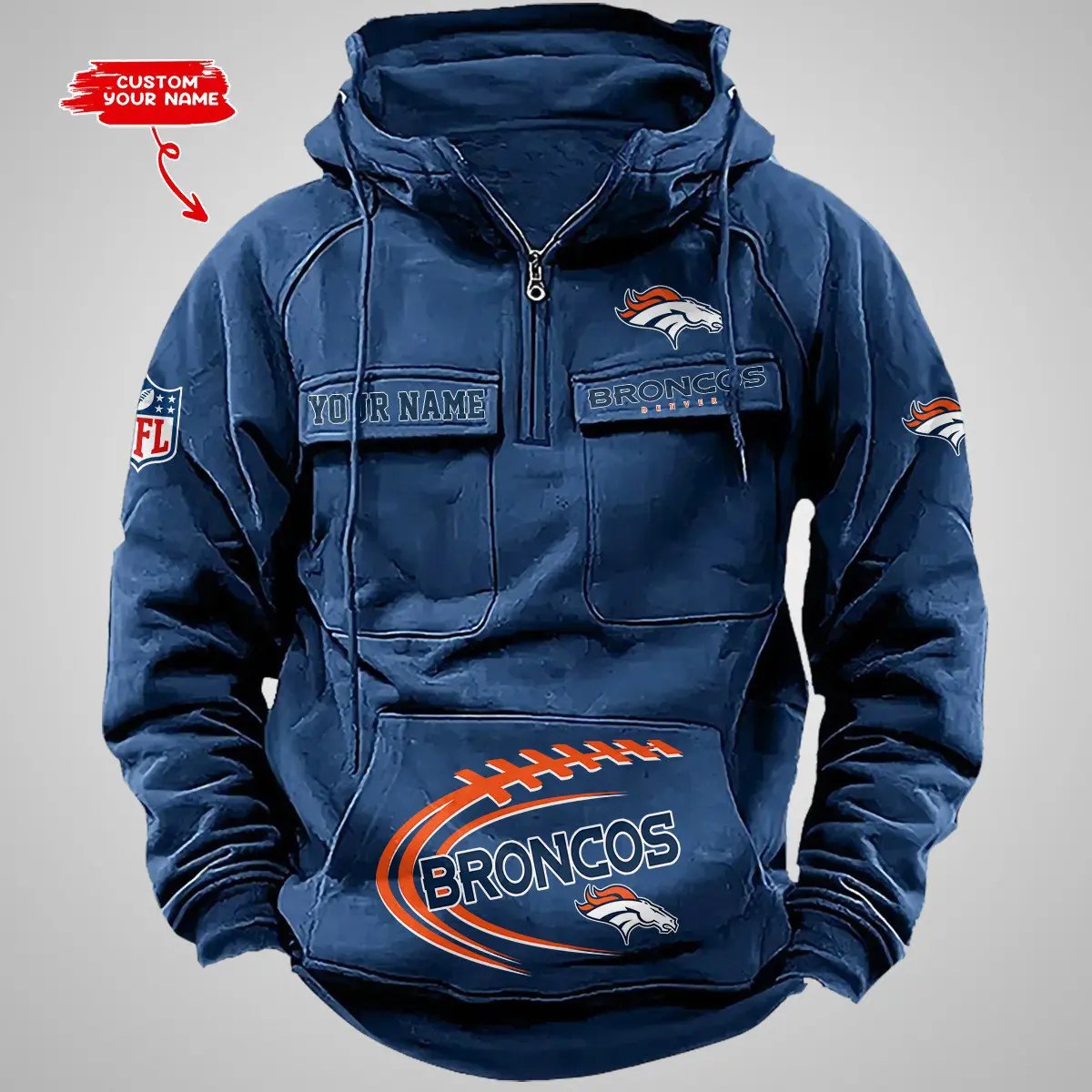 Denver Broncos New Personalized Multi-Pockets Zip Hoodie AZBTMZHD000083