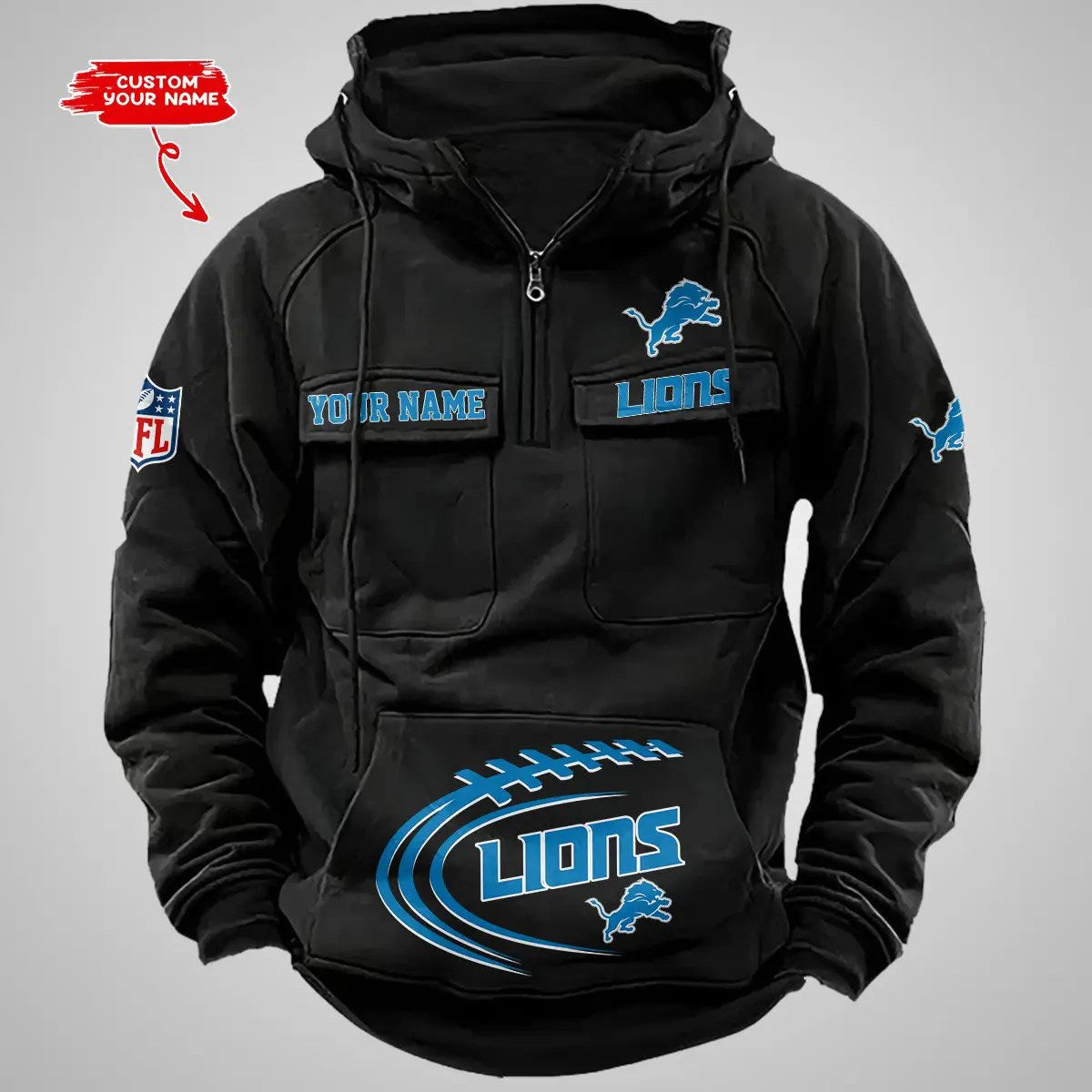 Detroit Lions New Personalized Multi-Pockets Zip Hoodie AZBTMZHD000084