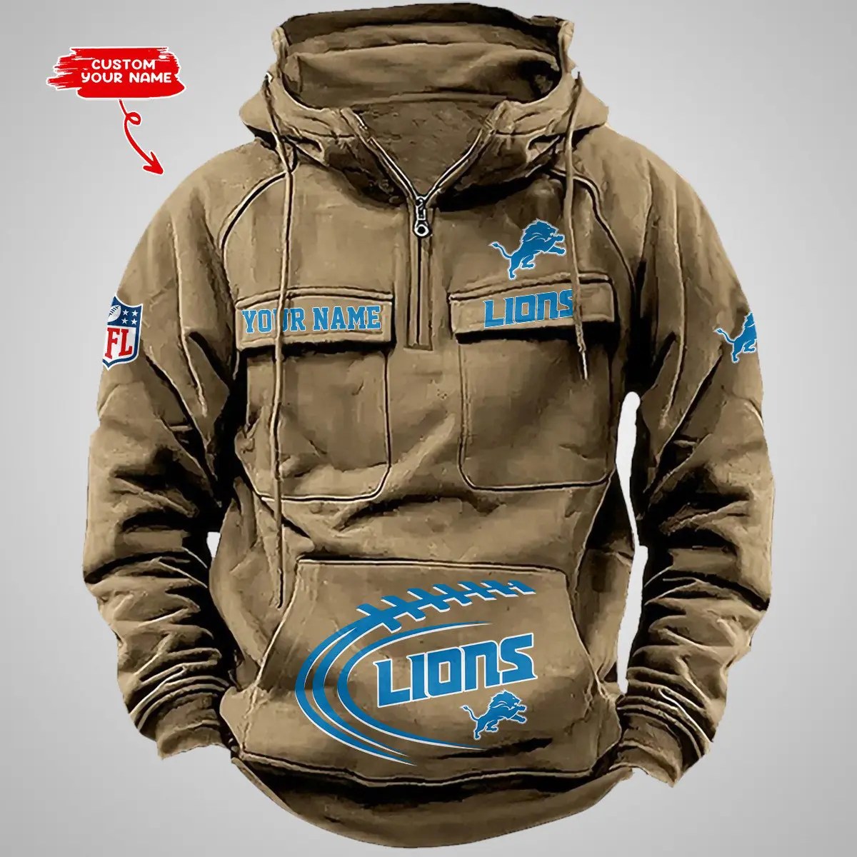 Detroit Lions New Personalized Multi-Pockets Zip Hoodie AZBTMZHD000084