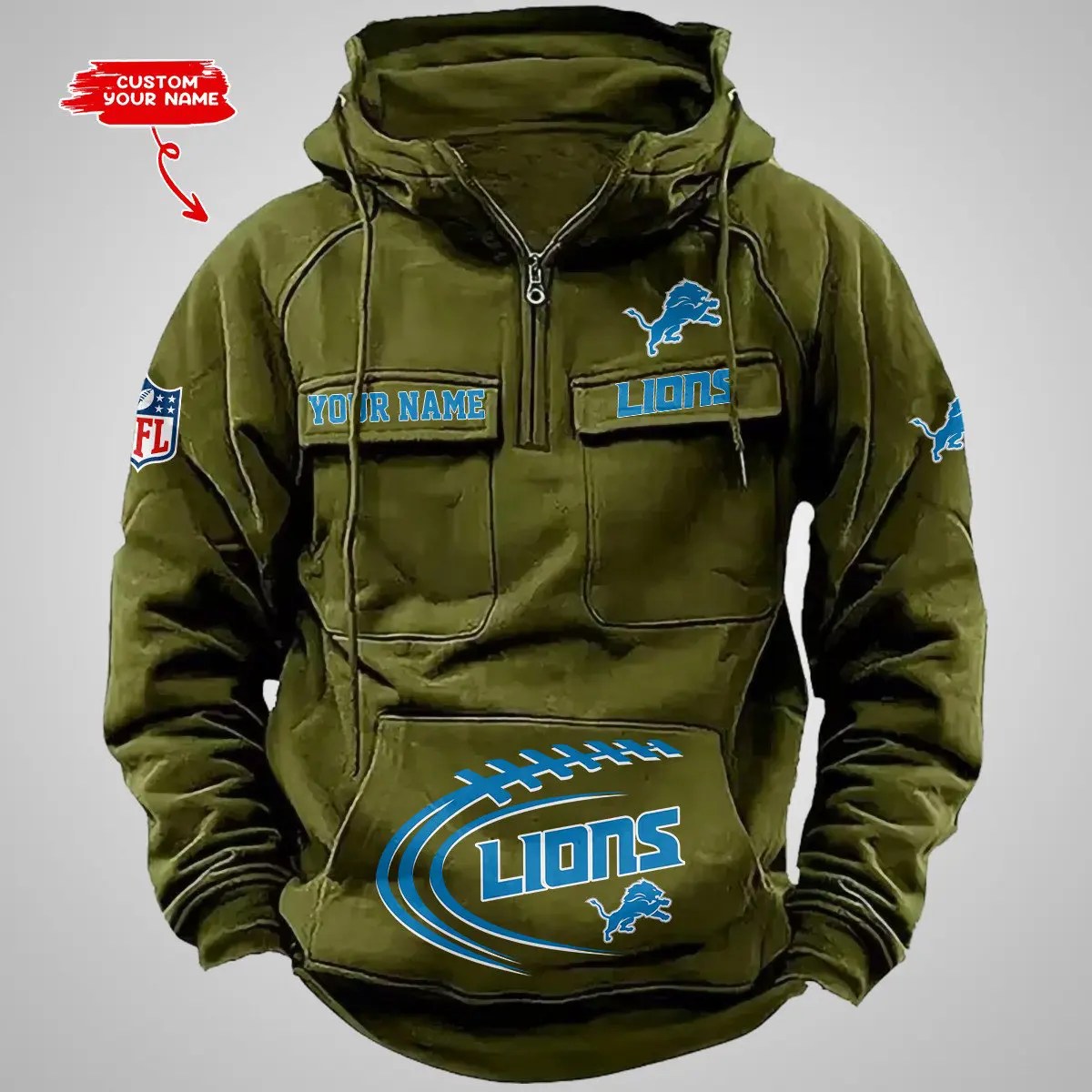 Detroit Lions New Personalized Multi-Pockets Zip Hoodie AZBTMZHD000084