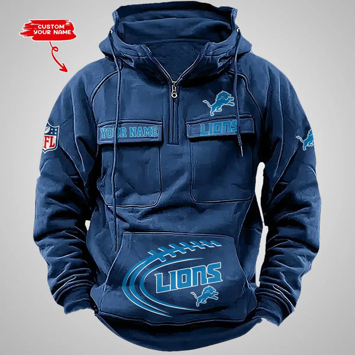 Detroit Lions New Personalized Multi-Pockets Zip Hoodie AZBTMZHD000084