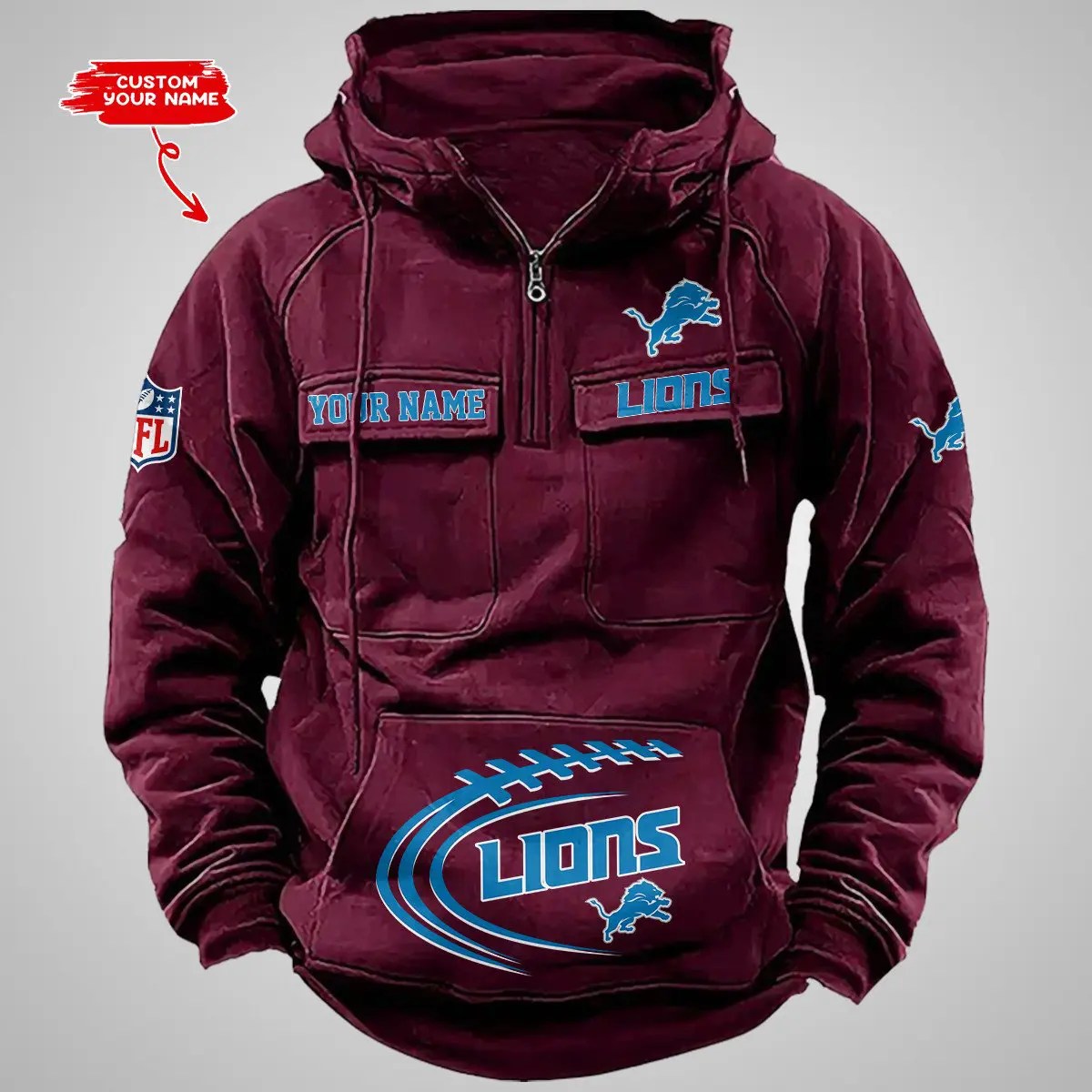 Detroit Lions New Personalized Multi-Pockets Zip Hoodie AZBTMZHD000084