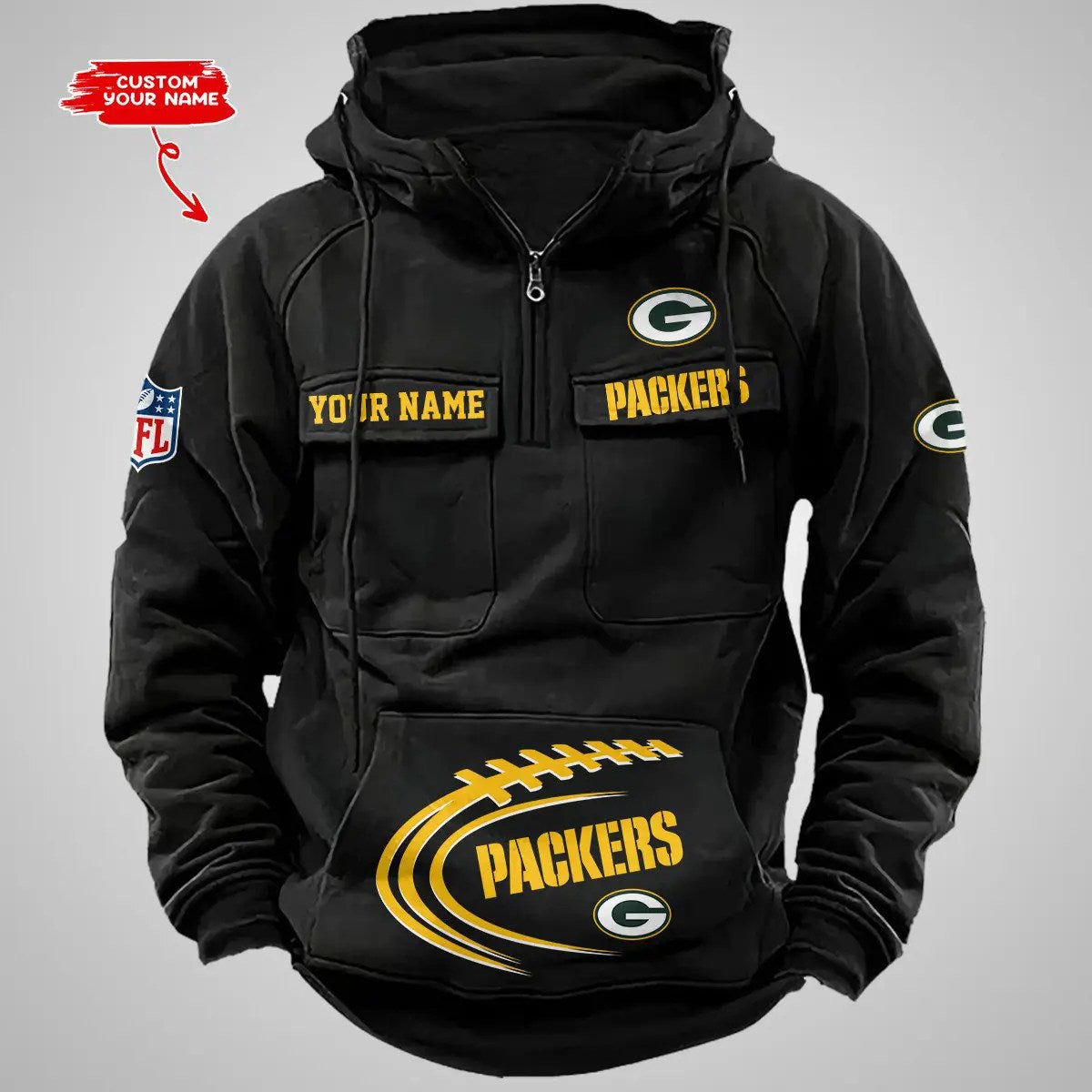 Green Bay Packers New Personalized Multi-Pockets Zip Hoodie AZBTMZHD000103