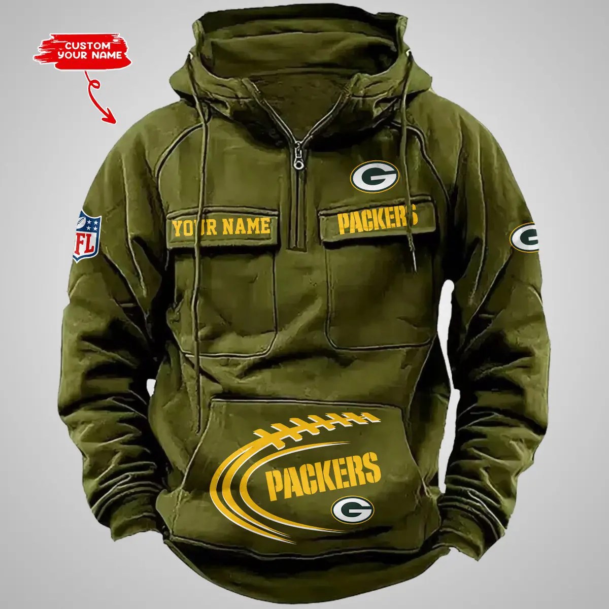 Green Bay Packers New Personalized Multi-Pockets Zip Hoodie AZBTMZHD000103