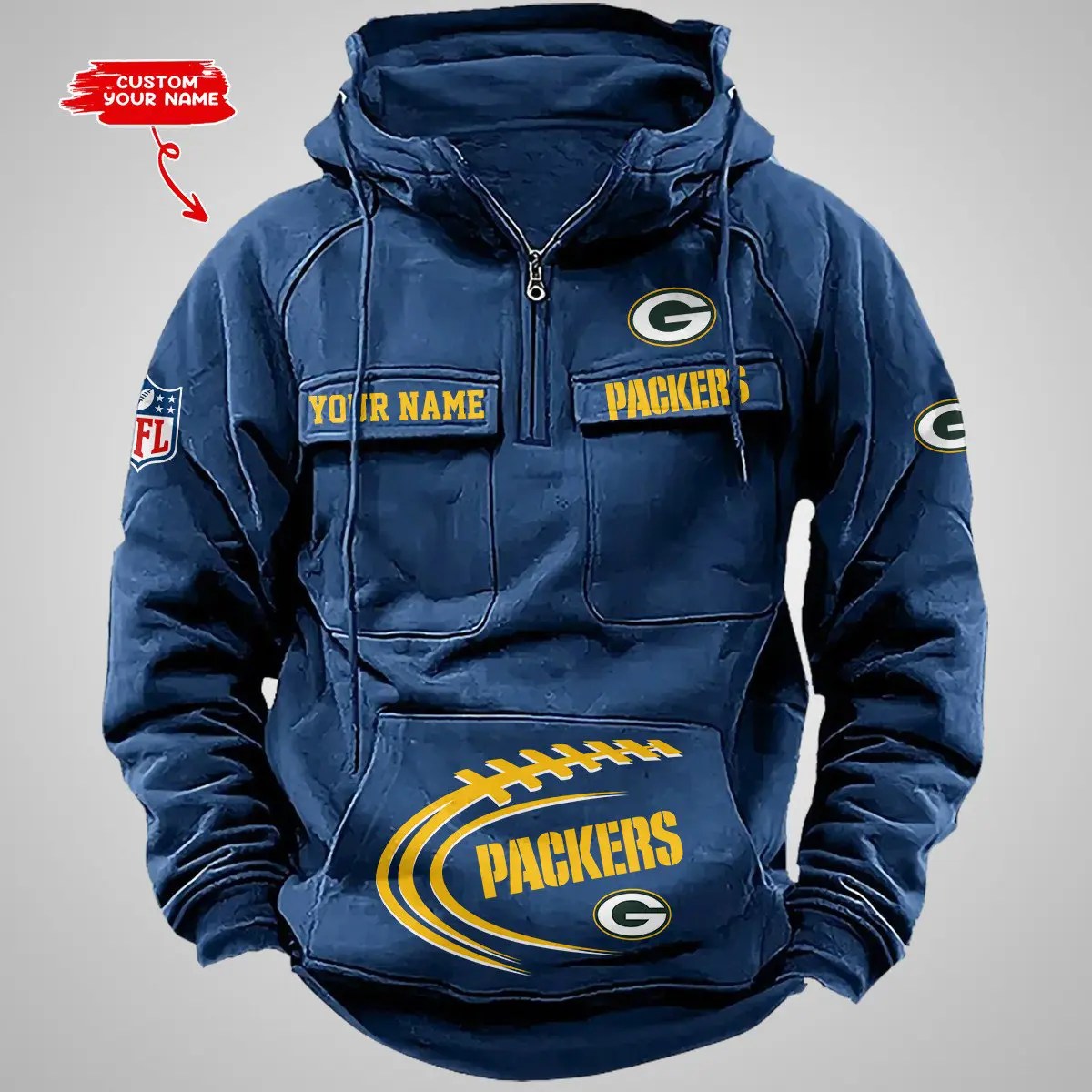 Green Bay Packers New Personalized Multi-Pockets Zip Hoodie AZBTMZHD000103