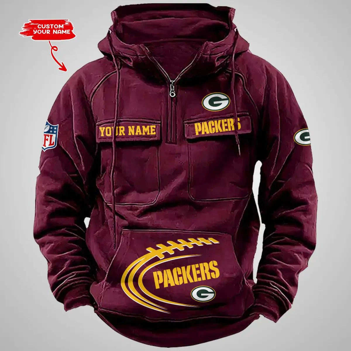 Green Bay Packers New Personalized Multi-Pockets Zip Hoodie AZBTMZHD000103