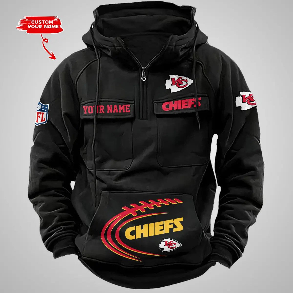 Kansas City Chiefs New Personalized Multi-Pockets Zip Hoodie AZBTMZHD000066