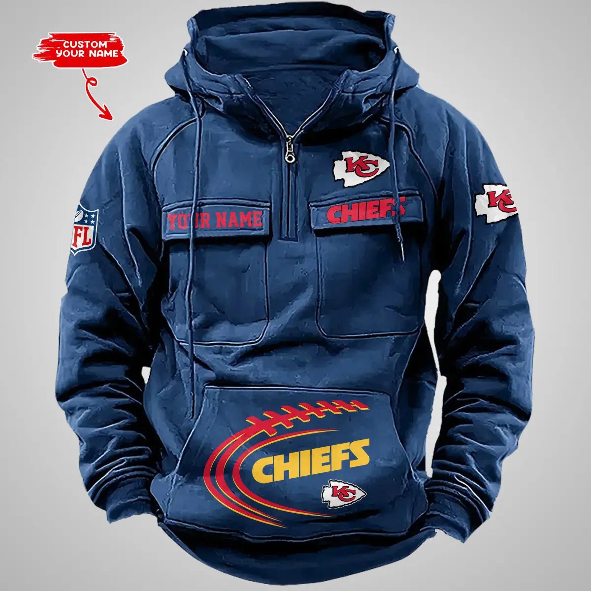 Kansas City Chiefs New Personalized Multi-Pockets Zip Hoodie AZBTMZHD000066
