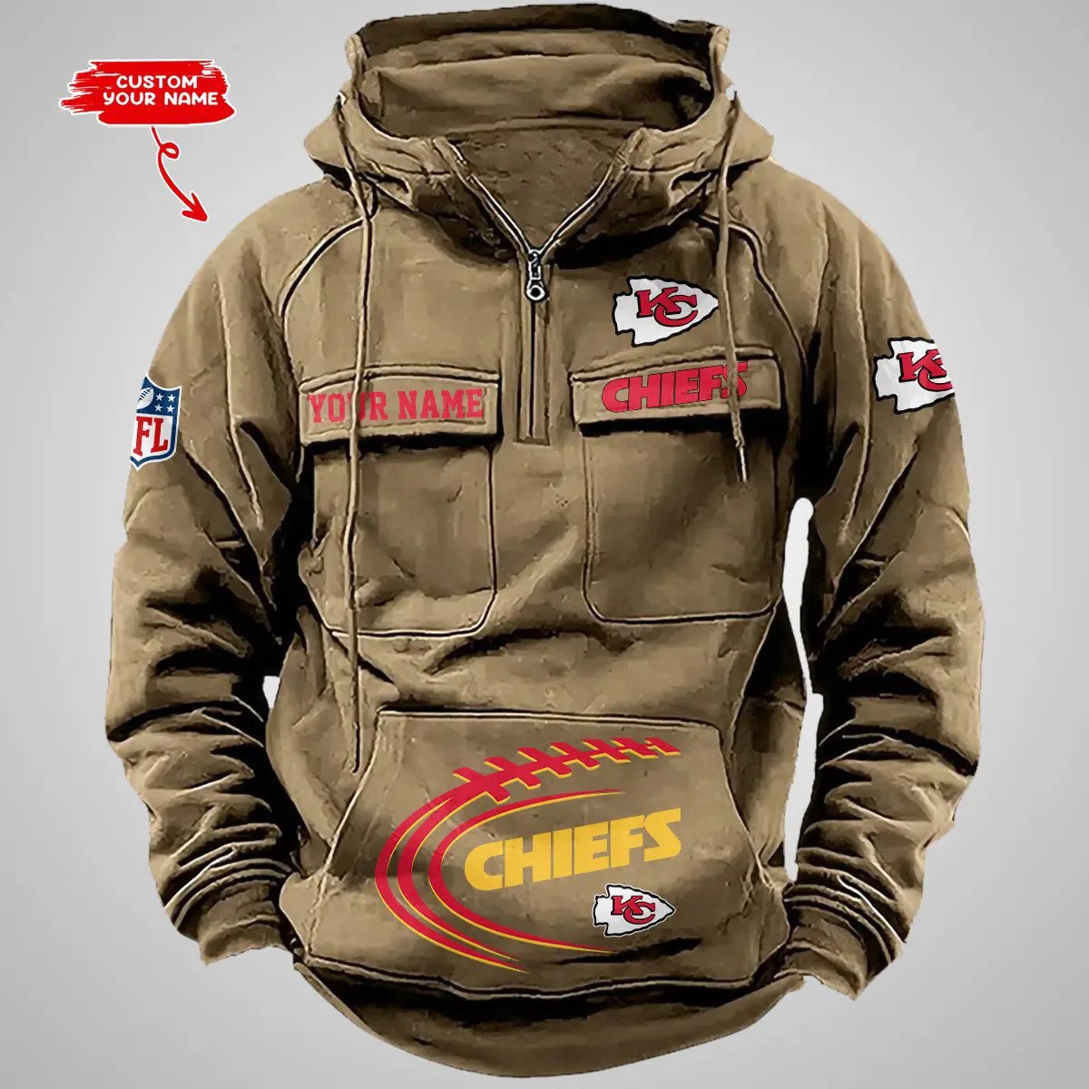 Kansas City Chiefs New Personalized Multi-Pockets Zip Hoodie AZBTMZHD000066