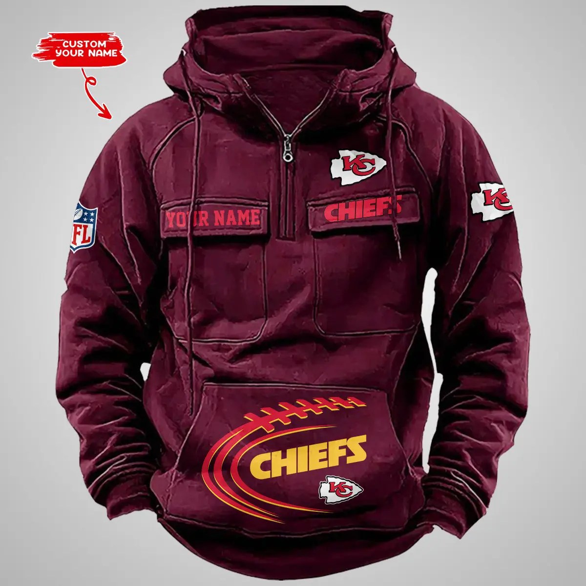 Kansas City Chiefs New Personalized Multi-Pockets Zip Hoodie AZBTMZHD000066