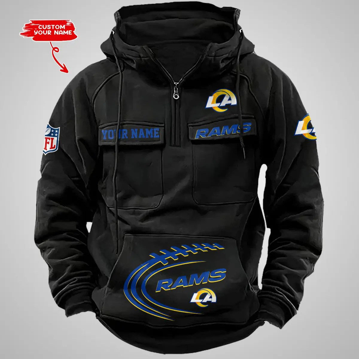 Los Angeles Rams New Personalized Multi-Pockets Zip Hoodie AZBTMZHD000072