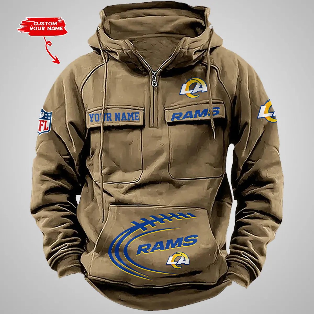 Los Angeles Rams New Personalized Multi-Pockets Zip Hoodie AZBTMZHD000072