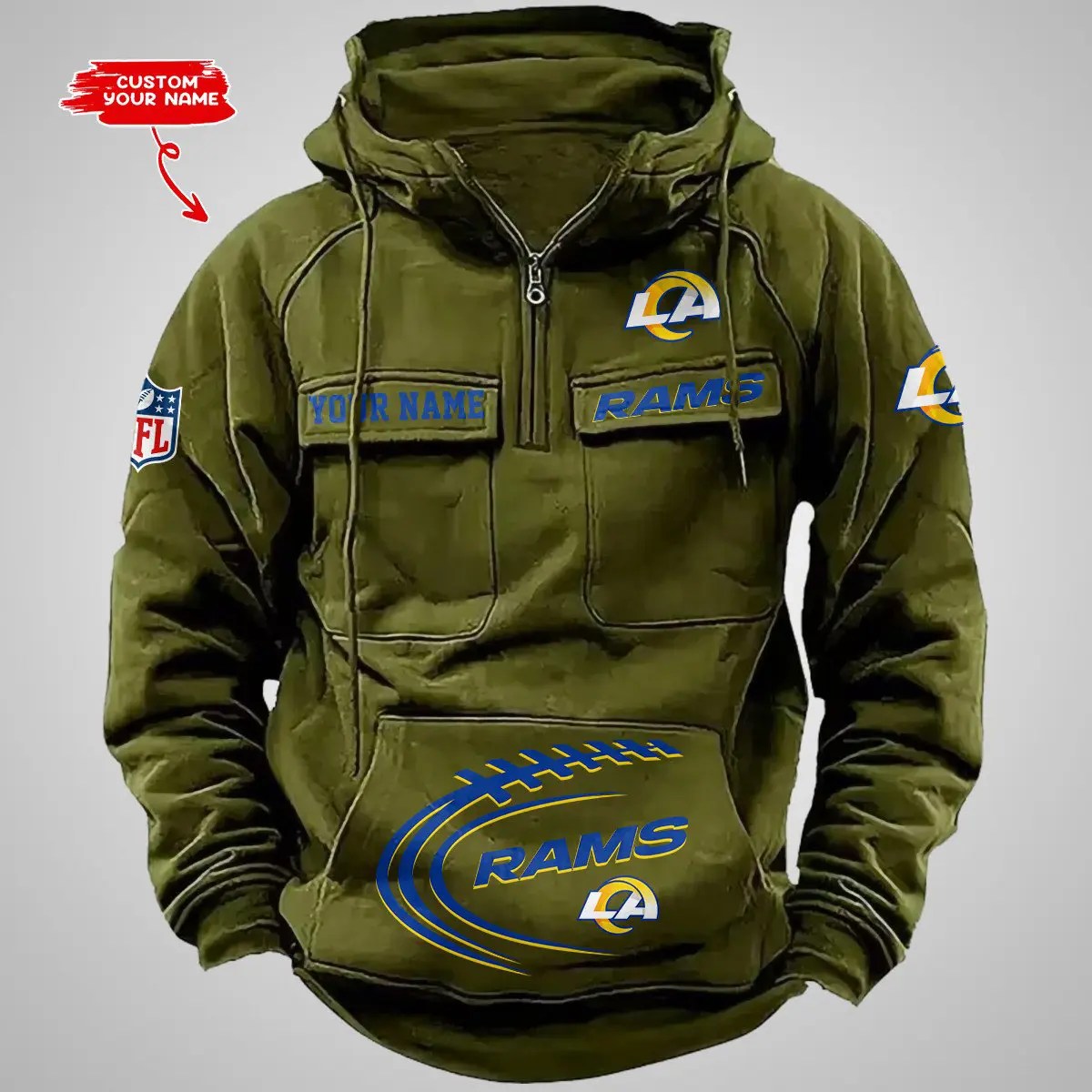 Los Angeles Rams New Personalized Multi-Pockets Zip Hoodie AZBTMZHD000072