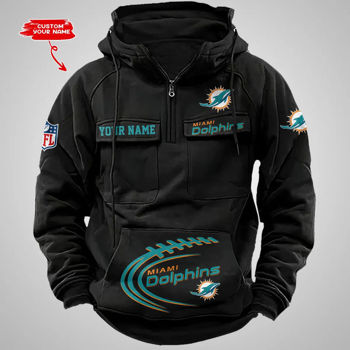 Miami Dolphins New Personalized Multi-Pockets Zip Hoodie AZBTMZHD000069