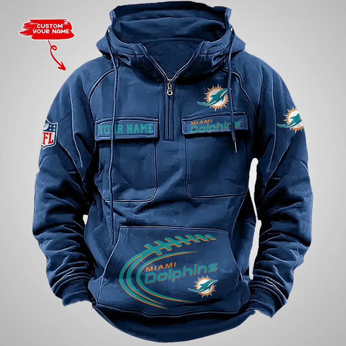 Miami Dolphins New Personalized Multi-Pockets Zip Hoodie AZBTMZHD000069