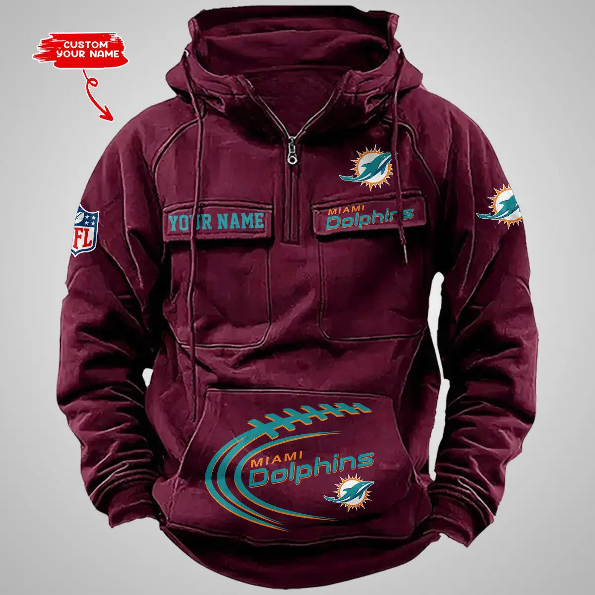 Miami Dolphins New Personalized Multi-Pockets Zip Hoodie AZBTMZHD000069