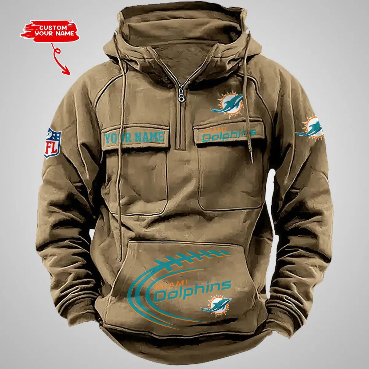 Miami Dolphins New Personalized Multi-Pockets Zip Hoodie AZBTMZHD000069