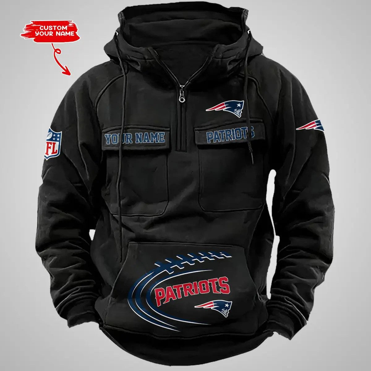 New England Patriots New Personalized Multi-Pockets Zip Hoodie AZBTMZHD000071