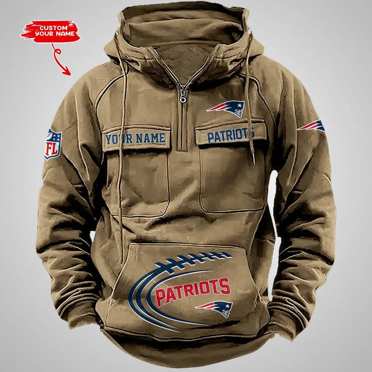New England Patriots New Personalized Multi-Pockets Zip Hoodie AZBTMZHD000071