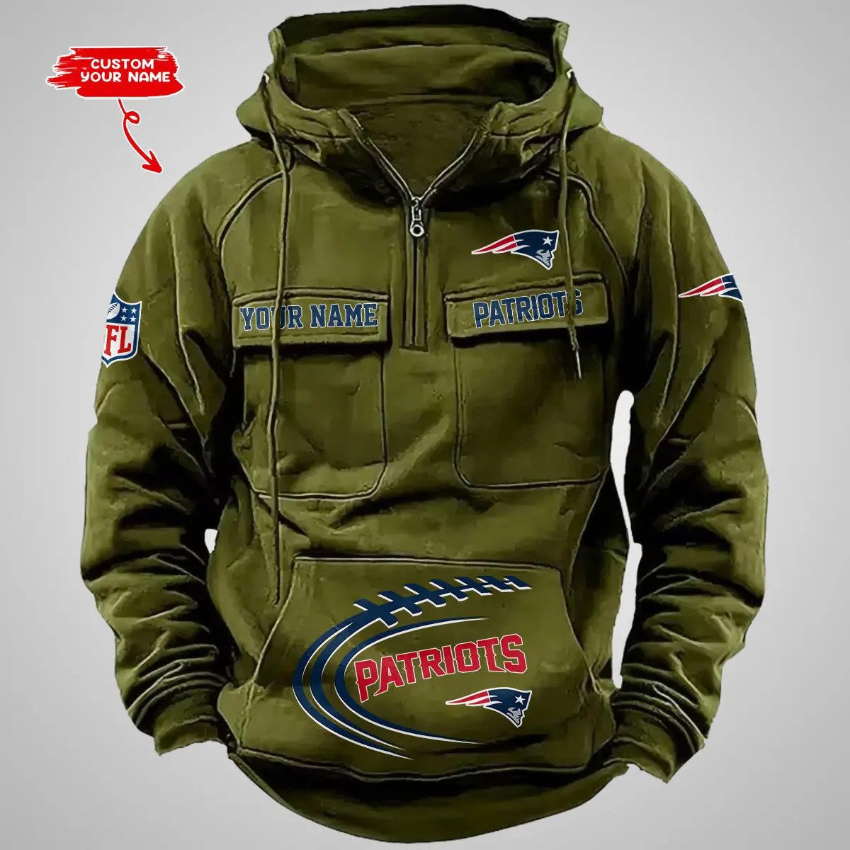 New England Patriots New Personalized Multi-Pockets Zip Hoodie AZBTMZHD000071
