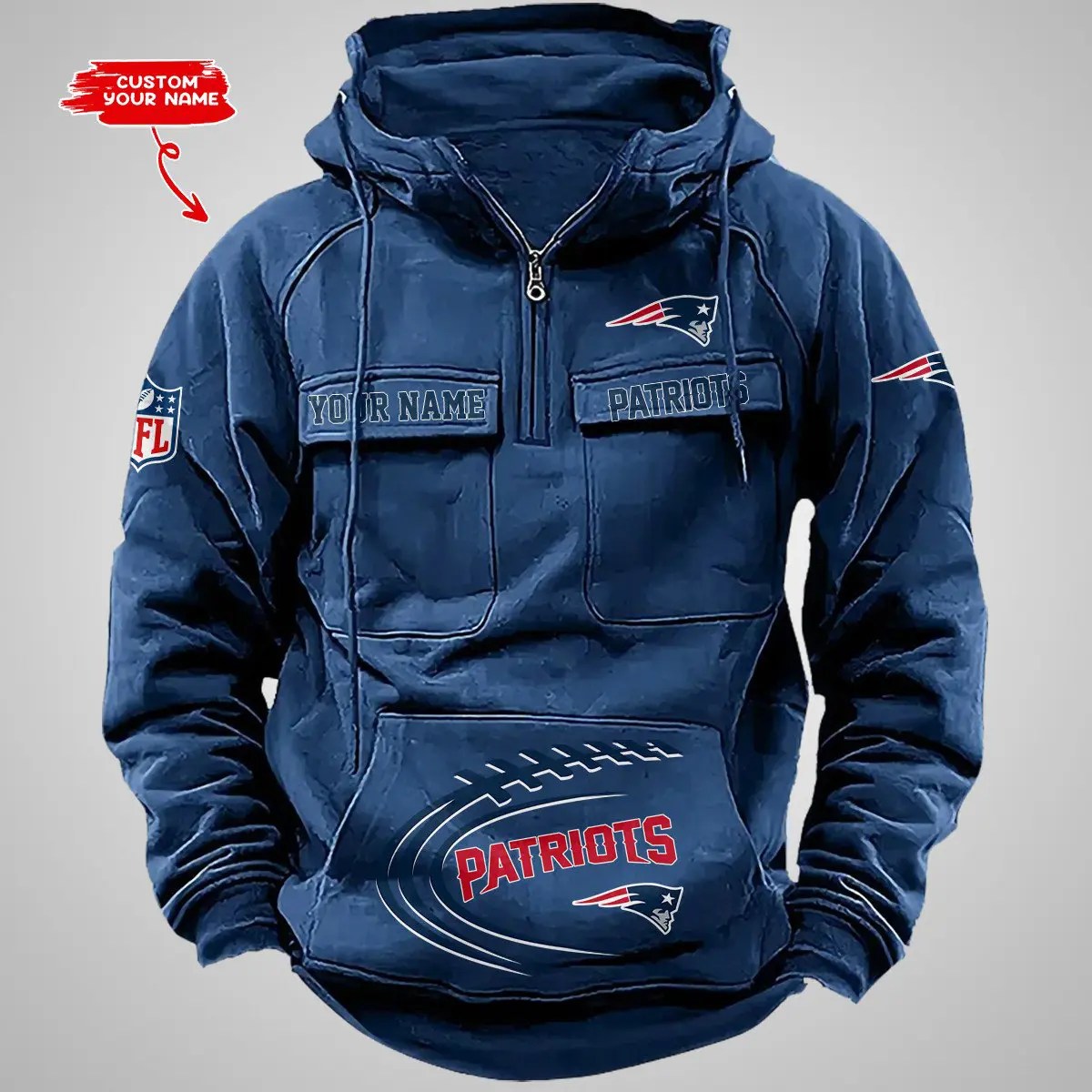 New England Patriots New Personalized Multi-Pockets Zip Hoodie AZBTMZHD000071