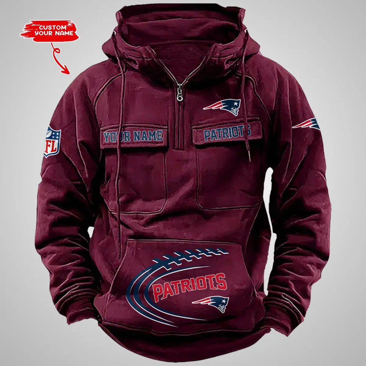 New England Patriots New Personalized Multi-Pockets Zip Hoodie AZBTMZHD000071